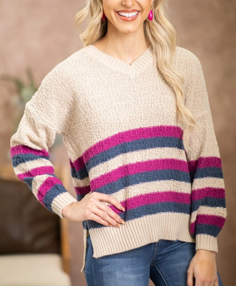 Lumiere Striped V-Neck Sweater Small Neutral Burgundy Navy Cozy Knit Pullover